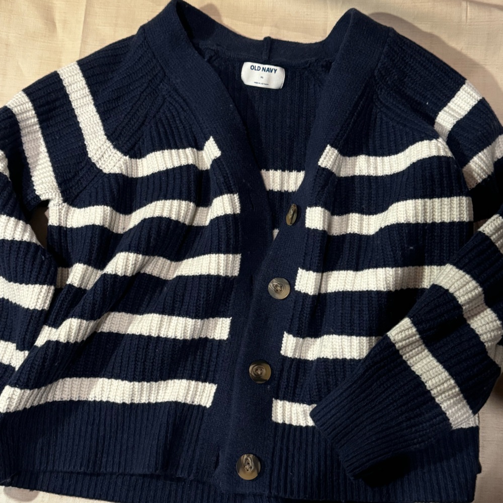 Old navy navy blue and white stripe cardigan sweater